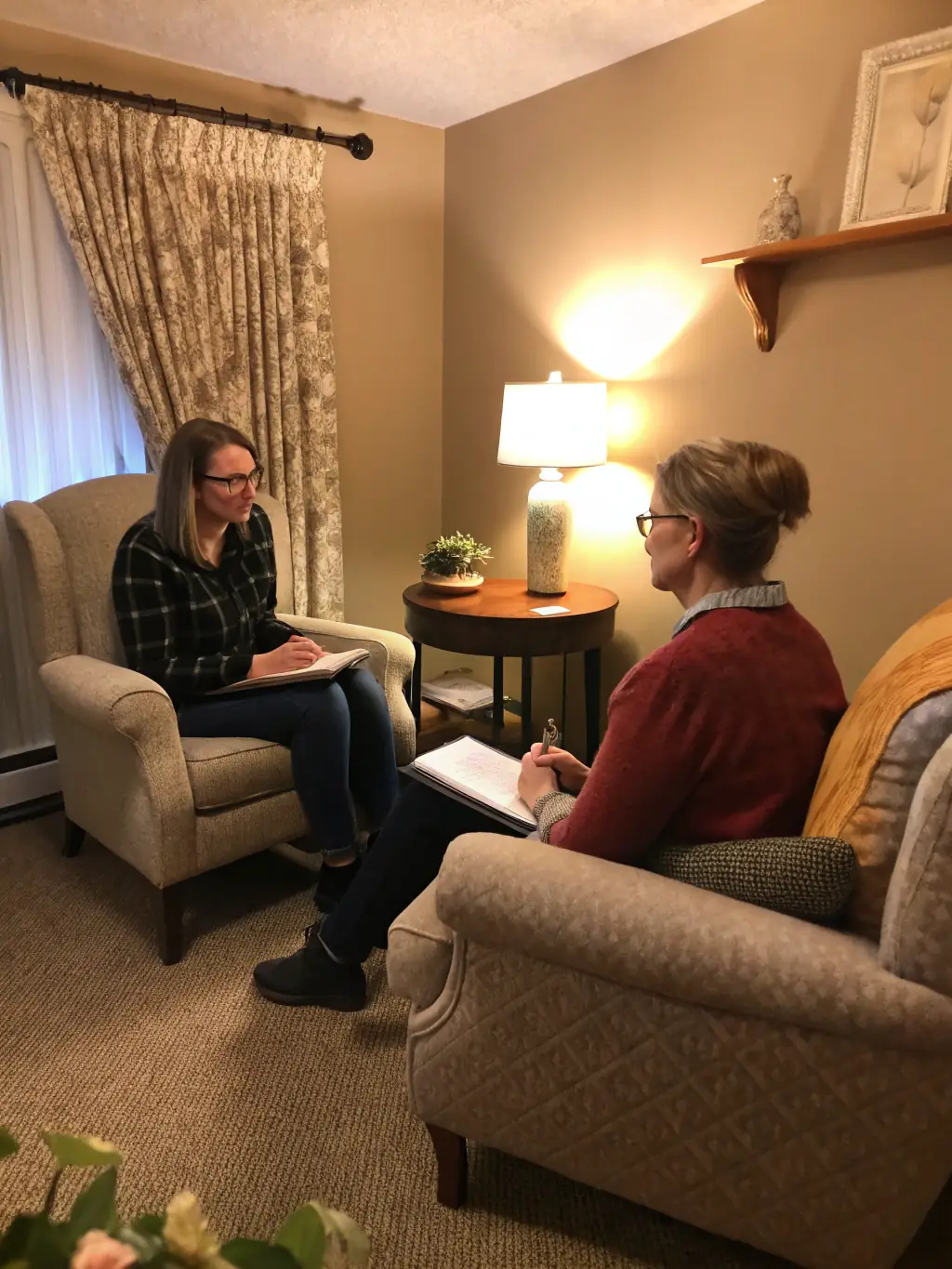 A counselor providing support to an individual, emphasizing mental health and well-being, set in a comfortable and private office.