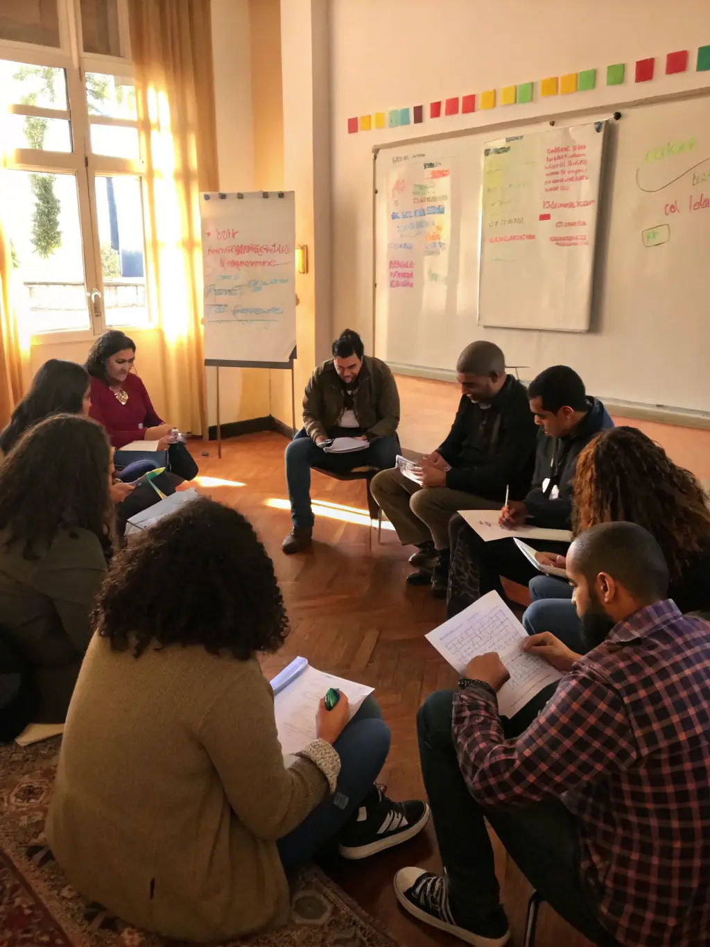 A group of diverse adults participating in a workshop, focused on skill development, with a facilitator guiding the session, set in a brightly lit community center.