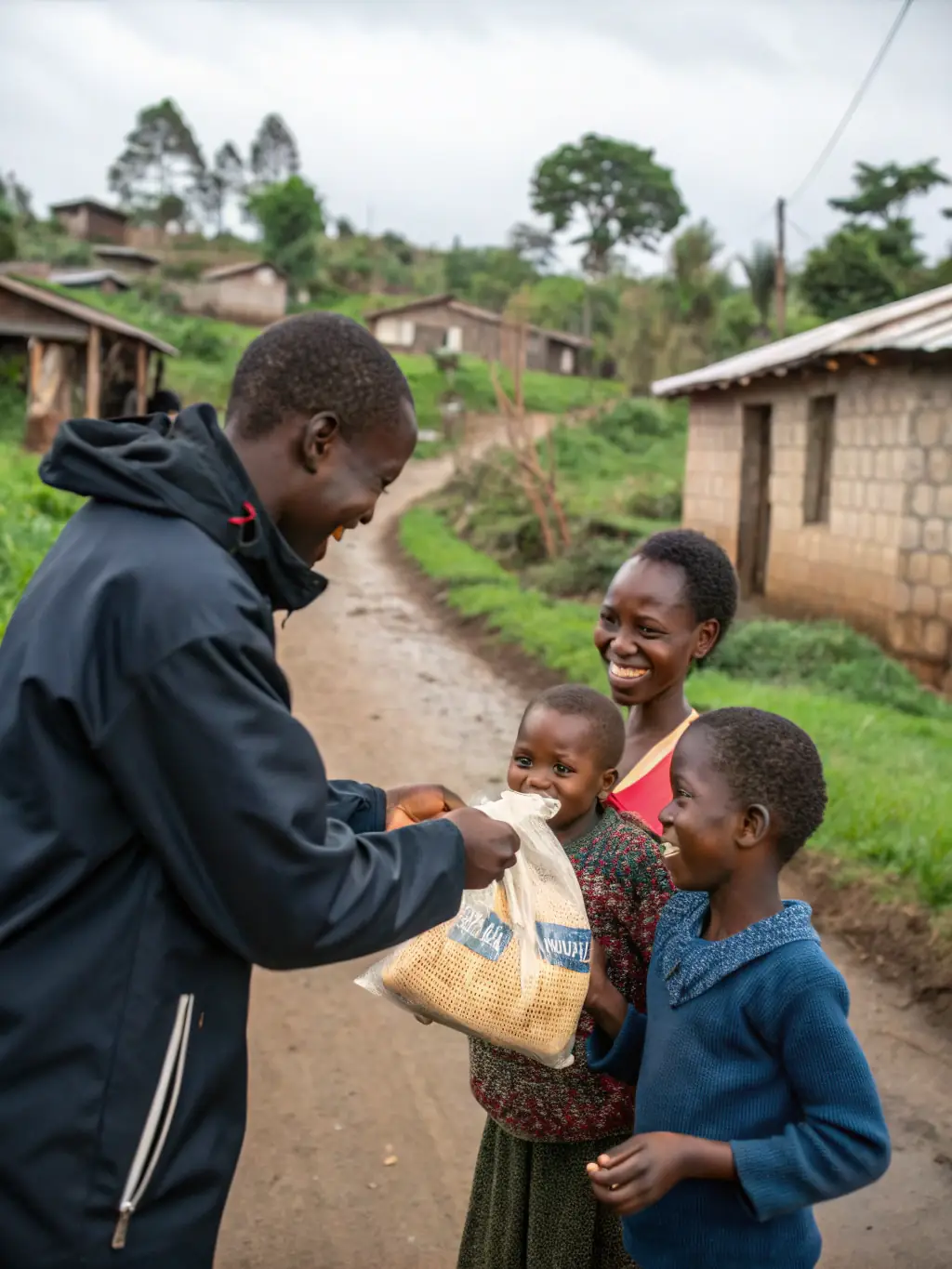 A volunteer handing out food packages to a family, illustrating the essential services provided by the Fondation Eulalie-Rose.