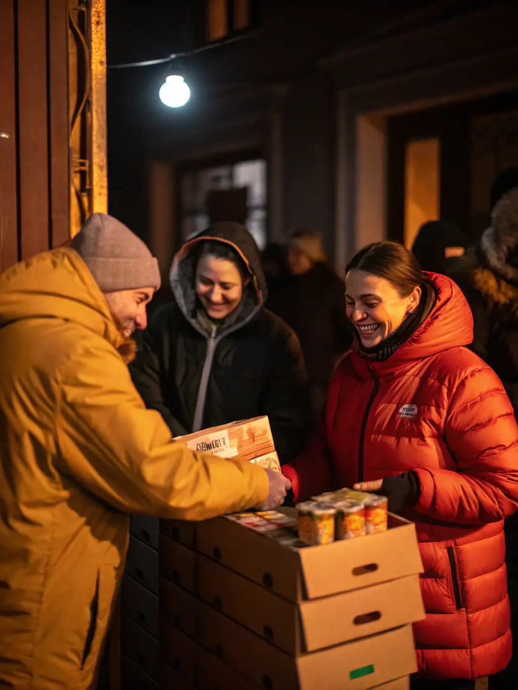 A volunteer handing out food packages to a family in need, with a focus on providing essential support and care, set in a community distribution center.