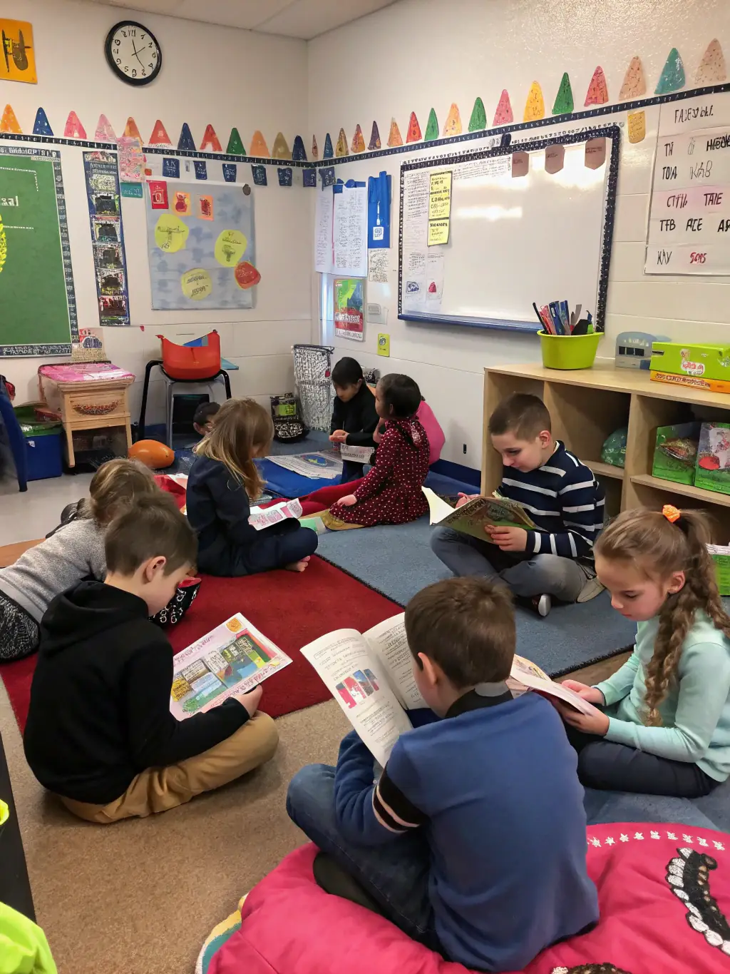A brightly lit classroom with children participating in an interactive learning session, showcasing the Fondation Eulalie-Rose's educational programs.