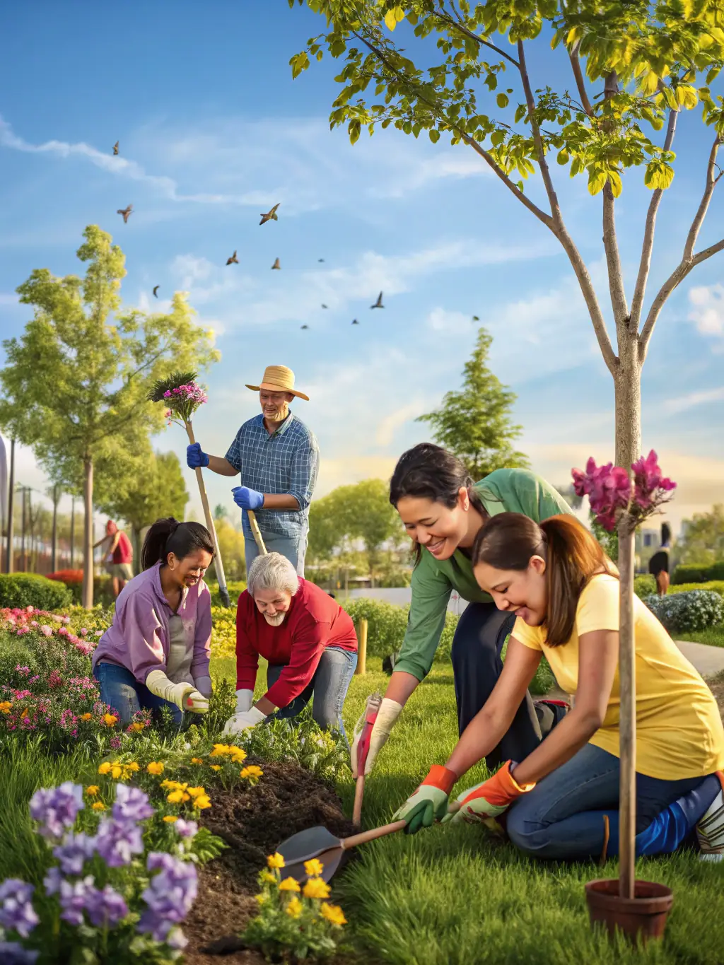 Volunteers planting trees in a community garden, symbolizing community engagement and environmental stewardship, set in a vibrant urban garden.